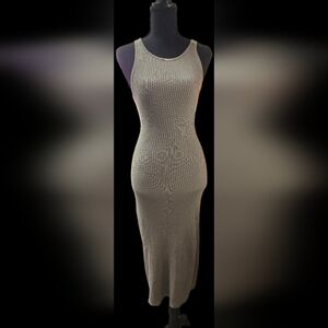 Grey Bodycon Knit Midi Dress With Slit & Open Back